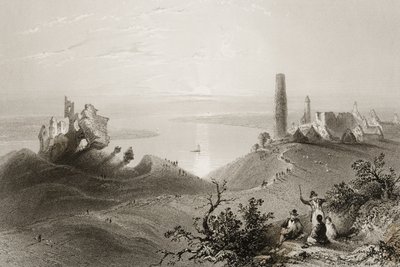 Utsikt över "Seven Churches of Clonmacnois", County Offaly, Irland, från "Scenery and Antiquities in Ireland" av George Virtue, 1860-talet av William Henry Bartlett