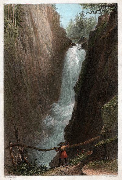 Vattenfall i Aar, i Aar Gotthard-massivet, schweiziska alperna. cirka 1850 (gravyr) av William Henry Bartlett