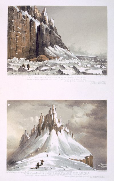 N.Ö. Kap Amerika och en del av Leopold Island (överst) och klippornas slut vid Whaler Point, Port Leopold (nederst) från "Ten Coloured Views taken during the Arctic Expedition of Her Majesty" (Tio färgbilder tagna under Hennes Majestäts arktiska expedition av William Henry Browne