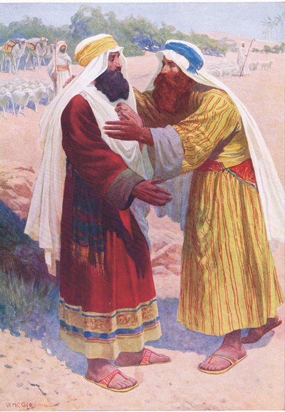 Mötet mellan Jakob och Esau, från The Bible Picture Book utgiven av Thomas Nelson, c.1950 av William Henry Charles Groome