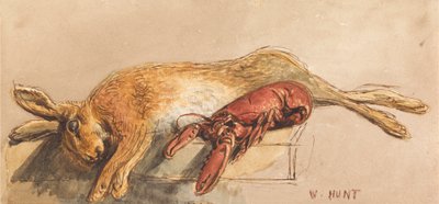 En död hare och en kokt hummer på en bänk av William Henry Hunt