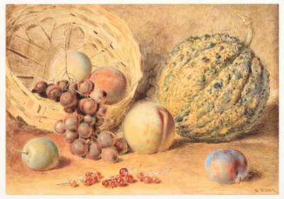 Korg med melon, persikor, vindruvor och plommon, ca 1804 (grafit, akvarell med tillsatt gummi arabicum, kroppsfärg & skrapa ut på vävt papper) av William Henry Hunt