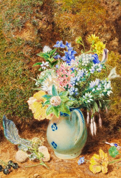 Blekblå porslinskanna med hedar och små blommor, ca 1860 av William Henry Hunt