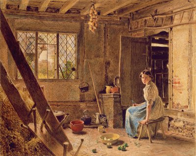 The Maid and the Magpie, A Cottage Interior at Shillington, Bedfordshire, 1834 (wc framhävt med vitt på papper) av William Henry Hunt