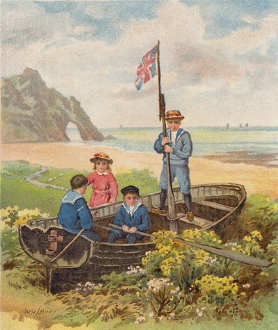 Barn leker i en båt på stranden (chromolitho) av William Henry James (after) Boot