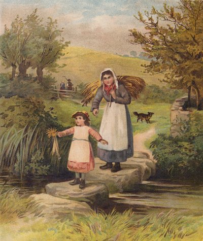 Kvinna och flicka korsar en bäck över trappstenar (chromolitho) av William Henry James (after) Boot