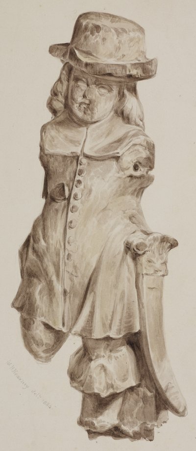 Sniden figur i ek, en gång i dörröppningen till huset byggt på platsen för Boars Head Tavern, Eastcheap, 1834 (tvätt på papper) av William Henry Kearney
