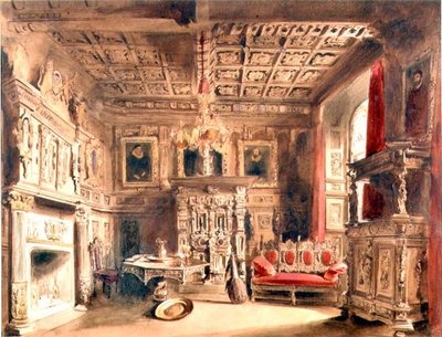 En Tudor-interiör (brunt bläck och akvarell på papper) av William Henry Lake Price