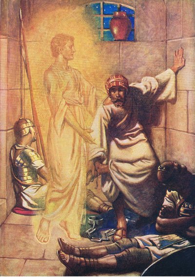 Peter befriad från fängelset, från The Bible Picture Book utgiven av Thomas Nelson, c.1950 av William Henry Margetson