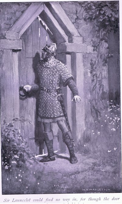 Sir Launcelot kunde inte hitta någon väg in, för även om dörren var gammal och sliten höll den fast av William Henry Margetson