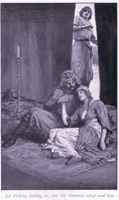 Sir Pelleas, som tittade in, såg sir Gawaine buga sig ner och kyssa lady Ettard. av William Henry Margetson