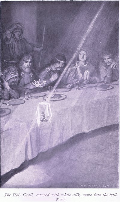 Den heliga gralen, täckt med vitt siden, kom in i hallen av William Henry Margetson
