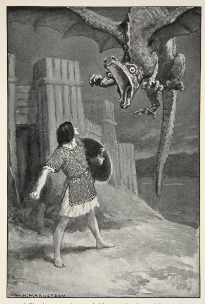 Draken sjönk mot honom och öppnade sina fruktansvärda käkar, från "Hero Myths and Legends of the British Race" av M.I. Ebbutt, 1910 av William Henry Margetson