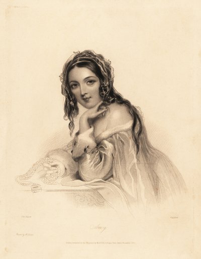 Porträtt av Amy. Skönhet bär en slöja över långt hår, hermelin-trimmad off-the-shoulder klänning, håller ett pärlhalsband. Stålstiftsgravyr av William Henry Mote efter en illustration av John Hayter från Charles Heath