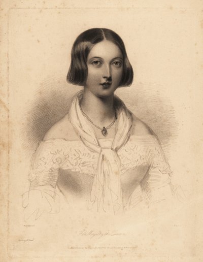 Unga drottning Victoria, tidigt 20-tal. Stålstiftsgravyr av William Henry Mote efter en illustration av William Drummond från Charles Heath