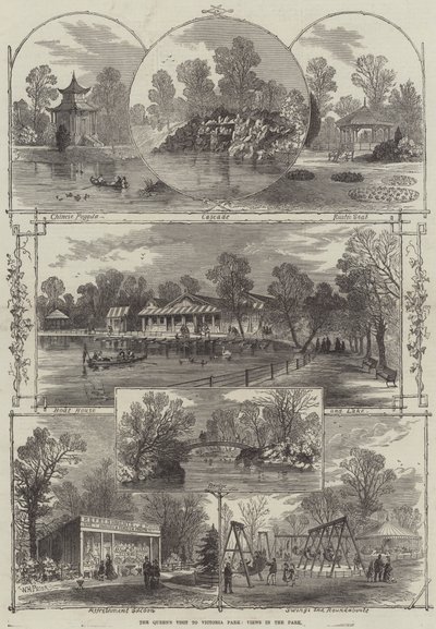 Drottningens besök i Victoria Park, utsikt i parken av William Henry Prior