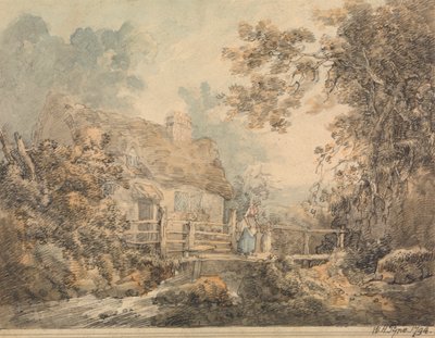 Stuga och Foot Bridge av William Henry Pyne