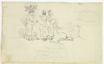 Figurer med marknadsvaror och tre skisser av William Henry Pyne