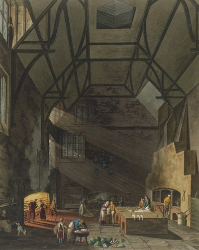 Interiör av köket, Trinity College, Cambridge, från The History of Cambridge, graverad av Joseph Constantine Stadler (fl.1780-1812), pub. av R. Ackermann, 1815 (färgakvatint) av William Henry Pyne