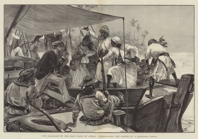 Blockaden på Afrikas östkust, översyn av papper från en misstänkt dhow (gravyr) av William Heysham (after) Overend