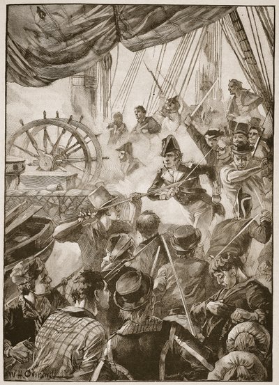 Ett trettiotal av besättningen gjorde en liten uppvisning av motstånd, illustration från "Battles of the Nineteenth Century" av Archibald Forbes, G.A. Henty och major Arthur Griffiths av William Heysham Overend