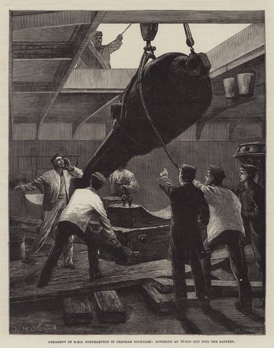 HMS Northamptons beväpning på Chatham Dockyard, med en 18-tons kanon i batteriet. av William Heysham Overend