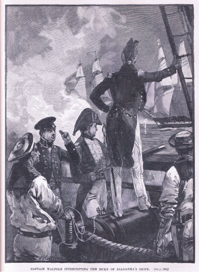 Kapten Walpole avlyssnar hertigen av Saldanhas fartyg. av William Heysham Overend