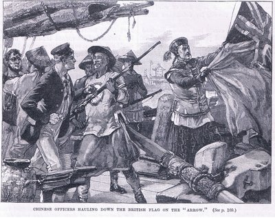 Kinesiska officerare drar ner den brittiska flaggan på "pilen" 1856 AD av William Heysham Overend