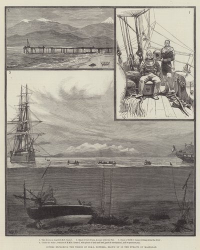 Dykare utforskar vraket av HMS Doterel, som sprängdes i Magellansundet. av William Heysham Overend