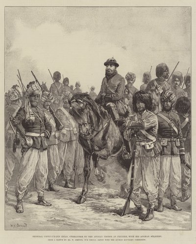 General Ghous-ud-din Khan, befälhavare för de afghanska trupperna i Penjdeh, med sina afghanska soldater. av William Heysham Overend