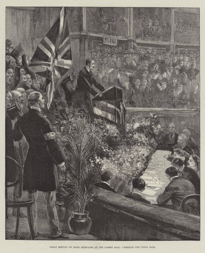 Stort möte för irländska delegater i Albert Hall, som hejar på Union Jack av William Heysham Overend