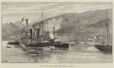 HMS Howe bogseras in i Ferrol Harbor av William Heysham Overend