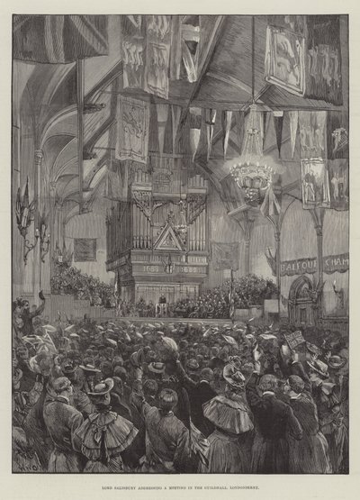 Lord Salisbury talar till ett möte i Guildhall, Londonderry av William Heysham Overend