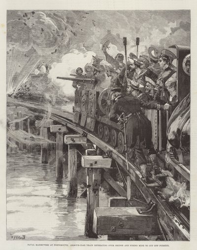 Sjömanövrar vid Portsmouth, pansarklädda tåg som retirerar över bron och skjuter gruvan för att avbryta förföljelsen av William Heysham Overend