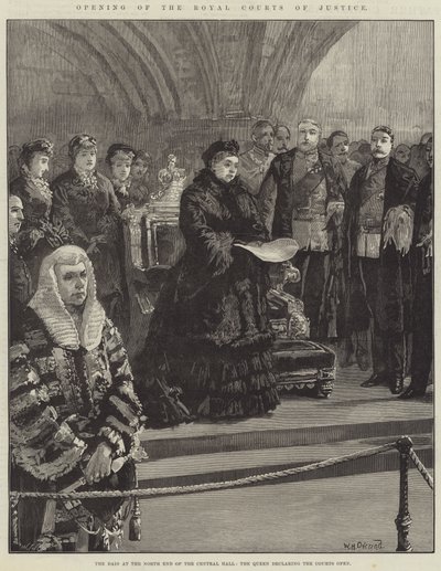Invigning av Royal Courts of Justice, Dais vid norra änden av Central Hall, Drottningen förklarar domstolen öppna av William Heysham Overend