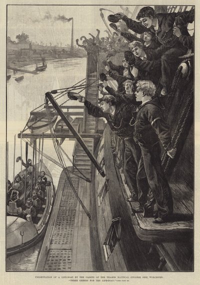 Presentation av en livbåt av kadetterna från Thames Nautical College Ship, Worcester, Three Cheers for the Life-boat! av William Heysham Overend