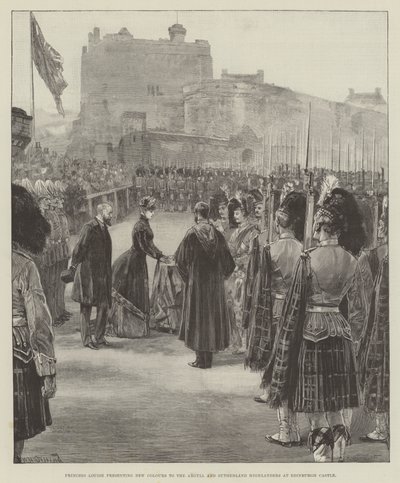 Prinsessan Louise överlämnar nya fanor till Argyll and Sutherland Highlanders vid Edinburgh Castle. av William Heysham Overend