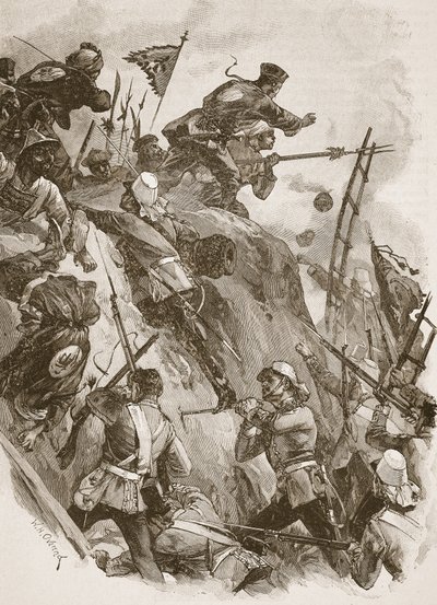 "Rogers kom in, hjälpt av löjtnant Lenon", illustration från "Battles of the Nineteenth Century" av Archibald Forbes, G.A. Henty och major Arthur Griffiths av William Heysham Overend
