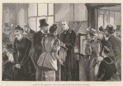 Scenen i Amiralitetet efter nyheten om förlusten av HMS Victoria av William Heysham Overend