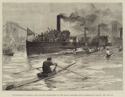 Sculling-race på måndag Sist för World Championship, skissad ovanför Hammersmith Bridge av William Heysham Overend
