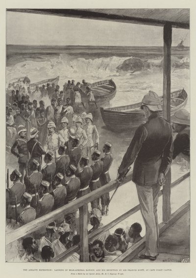 Ashanti-expeditionen, konteramiral Rawsons landstigning och Sir Francis Scotts mottagande av honom vid Cape Coast Castle. av William Heysham Overend