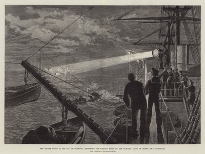 Den brittiska flottan i Marmorasjön söker efter torpedbåtar vid det elektriska ljuset ombord på HMS Agincourt av William Heysham Overend