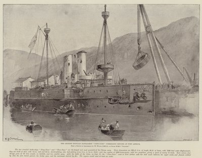 Det kinesiska järnklädda stridsfartyget Chen-Yuen genomgår reparationer i Port Arthur av William Heysham Overend