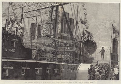 De koloniala besökarna i Royal Albert Docks, Malays som bemannar varvet på P and O Steam-Ship Rome. av William Heysham Overend