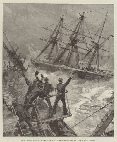 Den katastrofala orkanen i Samoa, besättningen på det amerikanska fartyget Trenton hejar på HMS Calliope av William Heysham Overend