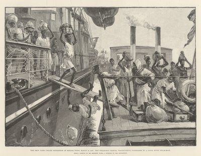 Emin Pashas hjälpexpedition vid Banana Point den 18 mars 1887, ångfartyget Madura förflyttar passagerare till en ångbåt på Kongofloden. av William Heysham Overend