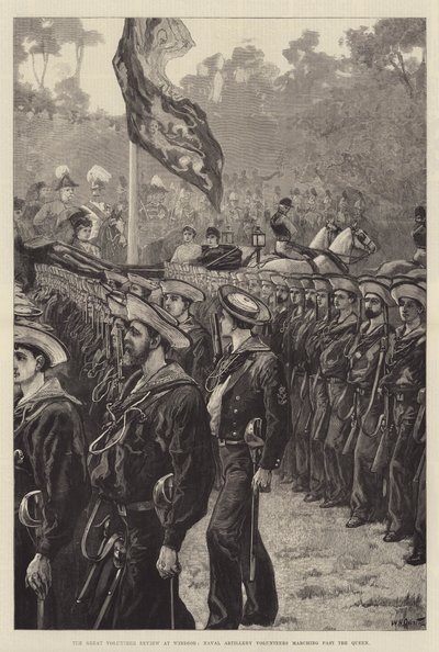 The Great Volunteer Review i Windsor, Naval Artillery Volontärer som marscherar förbi drottningen av William Heysham Overend