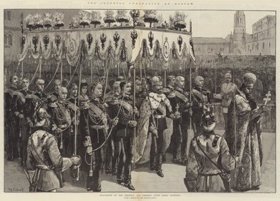 Den kejserliga kröningen i Moskva, procession av kejsaren och kejsarinnan efter att ha krönts av William Heysham Overend