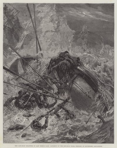 Katastroferna med livbåtar under förra veckans storm, livbåten Eliza Fernley i Southport, Lancashire, kantrade. av William Heysham Overend
