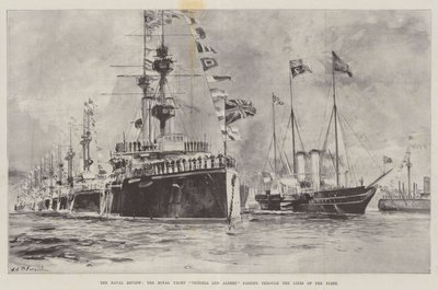 Naval Review, den kungliga båten Victoria och Albert passerar genom flottans linjer. av William Heysham Overend